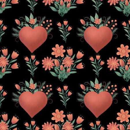 Digital paper with hearts and flowers for decoration your holidays. Seamless pattern on the black...