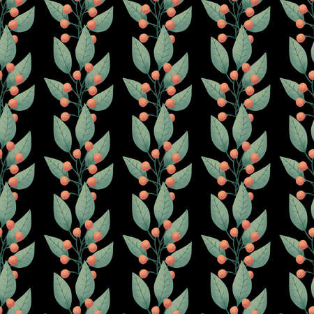 Digital paper with green leaves and berries. Seamless pattern on the black background.