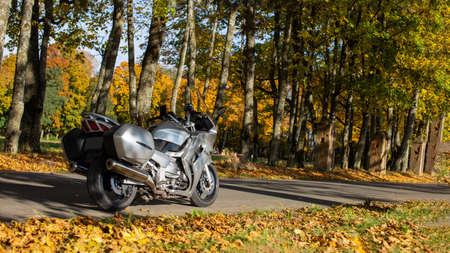 Yamaha FJR grey motorcycle on road in autumn. Rear view of the motorcycle. Banner of beautiful Yamaha motorcycle on road in autumn. Minsk Belarus, September, 2021のeditorial素材