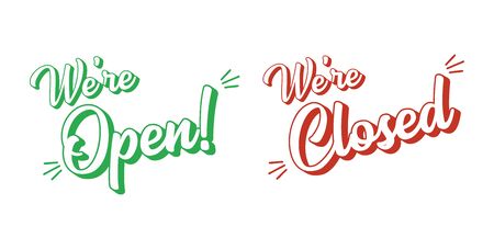 Hand sketched set Open Closed quotes. Lettering for poster, flyer, ad, banner, signboardのイラスト素材