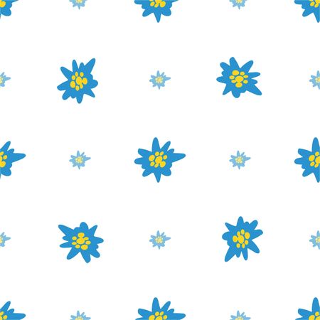 Seamless pattern with blue Edelweiss flowers on white background. Hand drawn Alpine mountain flora. Vector illustrationのイラスト素材