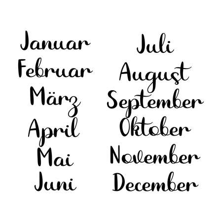 Hand Lettered Months of the Year Set in German. Lettering for Calendar, Organizer, Planner.のイラスト素材