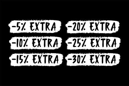 Hand sketched word EXTRA. Hand sketched sale tags 5, 10, 15, 20, 25, 30, percent labelのイラスト素材
