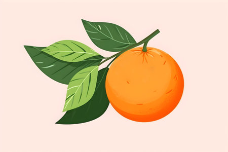 Orange with leaves, flat drawn illustration. Citrus fruit branch orange
