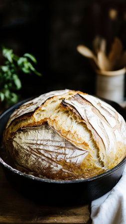 Rustic bread with a golden crust, baked in a Dutch ovenの写真素材
