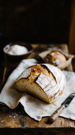 Rustic bread with a golden crustの写真素材