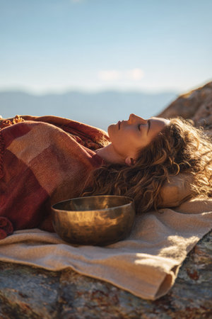 A young woman with sun-kissed skin lying on a beige mat, wrapped in a linen throw, eyes closed in...