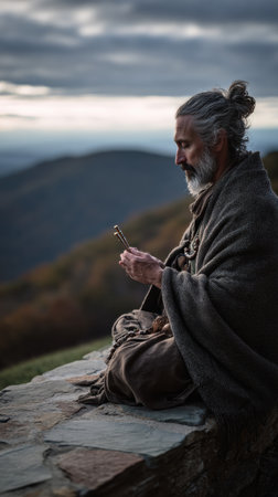 A photograph of a sound healing practitioner sitting cross-legged outside, holding a sound bowlの写真素材