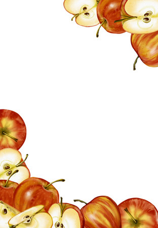 Apple frame. Apples and a quarter of an apple. Red fruits. Watercolor illustrationの写真素材