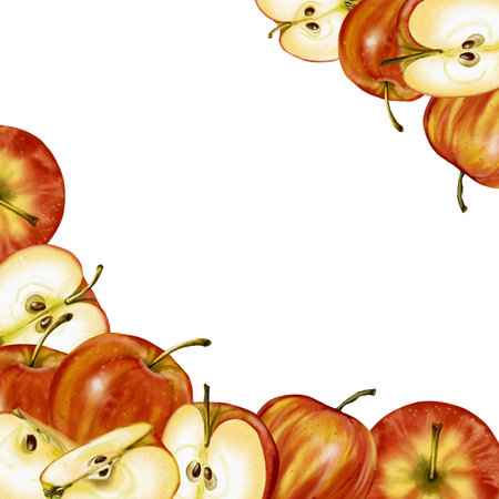 Frame with apples. Square shape. Watercolor illustration. Whole, halved and quartered apples. The fruit is redの写真素材