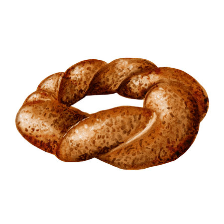 Turkish traditional simit. Breakfast bun. The bagel lies on the surface. Twisted bun. Top sprinkled with sesame seeds. Watercolor illustration without backgroundの写真素材