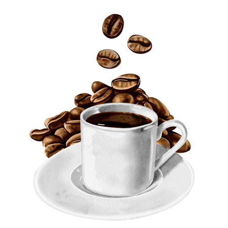 Coffee couple. Cup and saucer made of porcelain or glass. inside a cup of coffee. Coffee beans are poured at the back. Watercolor illustration without backgroundの写真素材