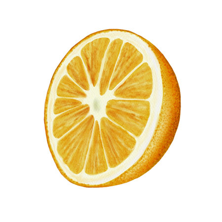 The orange is cut in half. Juicy orange fruit. The structure and structure of the orange is visible. Juice or cosmetics packaging decor. Watercolor illustrationの写真素材