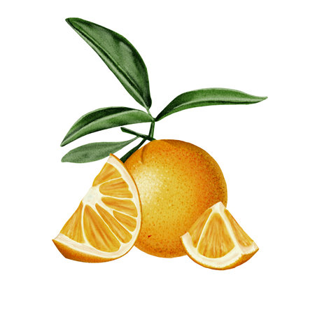 Orange on a branch. Composition with cut orange pieces. Juicy illustration. Orange, white and green color. Watercolor illustration. No backgroundの写真素材
