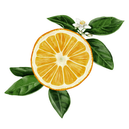Half of a round orange lies on the leaves. Small white flowers nearby. Yellow, orange and green colors. Citrus plant. Watercolor illustration. Without backgroundの写真素材