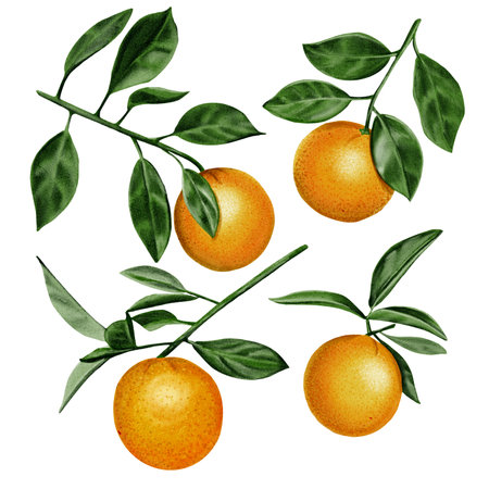 Branches with oranges. Four stems with leaves and fruits. Lots of green leaves. Juicy fruits. Watercolor illustration. No backgroundの写真素材
