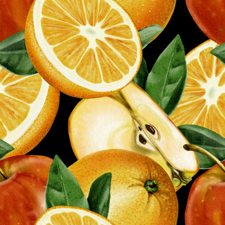 Seamless pattern with fruits. Oranges and apples with leaves on a black background. Fruits are orange, red and yellow. Watercolor illustrationの写真素材