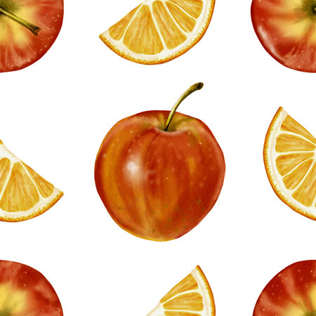 Pattern of apples and orange slices. Apples top view and side view. Red and yellow. Juicy and bright illustration. Watercolor illustration. No backgroundの写真素材