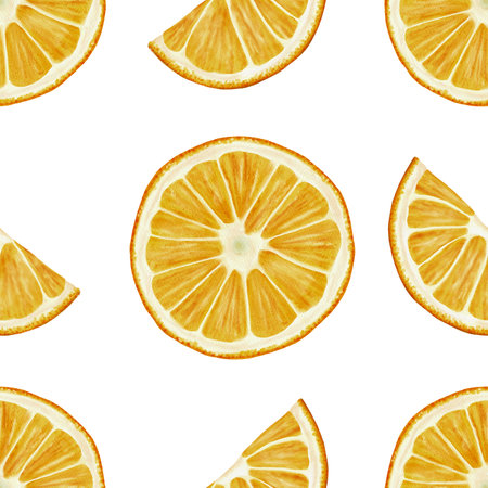 Pattern of round orange and orange slices. orange and yellow. Juicy and bright illustration. Watercolor illustration. Pattern without backgroundの写真素材