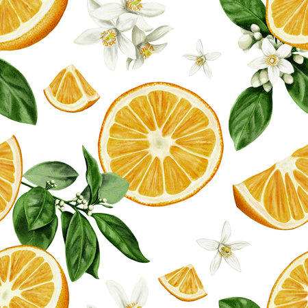 Seamless pattern of oranges. fruits and orange slices with a sprig and leaves. Orange blossom flowers. Orange and green color. Watercolor illustration. No backgroundの写真素材