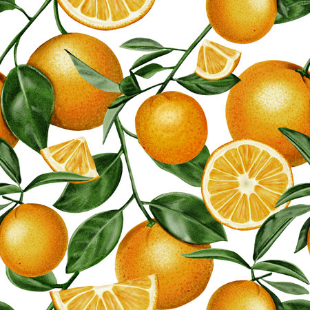 Seamless pattern. Orange plant. Branches with leaves and flowers are intertwined into a pattern. Citrus fruits. Oranges are juicy orange in color. Watercolor illustration. No backgroundの写真素材
