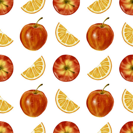 Pattern of apples and orange slices. Apples top view and side view. Red and yellow. Juicy and bright illustration. Watercolor illustration. No backgroundの写真素材