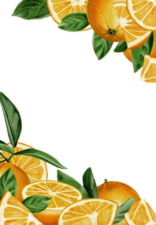 frame of juicy orange oranges. Leaves and twigs are green. Citrus fruits cut in half and fruit pieces. Watercolor illustration. No backgroundの写真素材