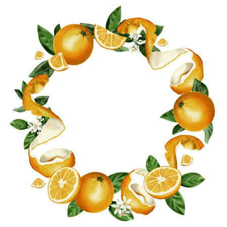 Wreath of oranges. Round fruits, oranges cut in half and pieces and slices of citrus fruits. Leaves and white small flowers. Orange skin. Bright frame of citrus fruits. watercolor illustrationの写真素材