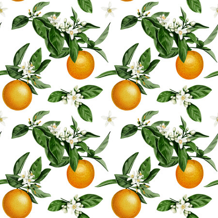 Seamless pattern. Orange plant. Branches with leaves and flowers are intertwined into a pattern. Citrus fruits. Oranges are juicy orange in color. Watercolor illustration. No backgroundの写真素材