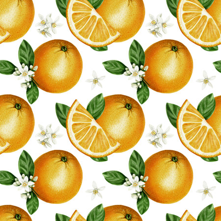 Seamless pattern of oranges. fruits and orange slices with a sprig and leaves. Orange blossom flowers. Orange and green color. Watercolor illustration. No backgroundの写真素材