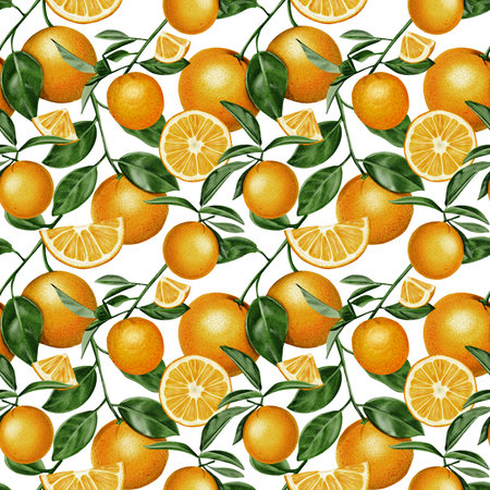 Seamless pattern. Orange plant. Branches with leaves and flowers are intertwined into a pattern....