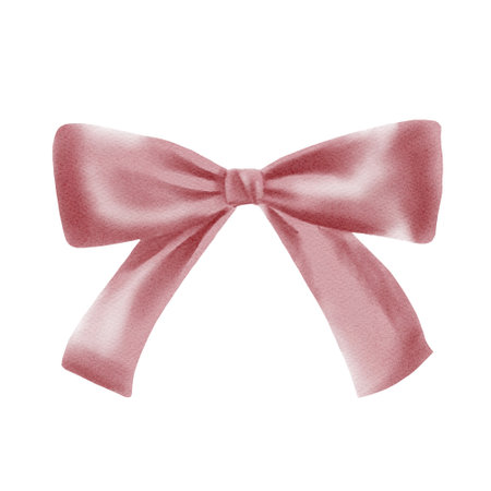 Pink silk bow. The color of a dusty rose, pastel shades of a bow. Smooth tape. Watercolor illustration. Decor for gifts and bouquetsの写真素材