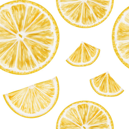 round lemon slices. Juicy citrus fruit cut into pieces. Seamless pattern without background. Watercolor illustration. Yellow and white natural colors. Boltanic imageの写真素材