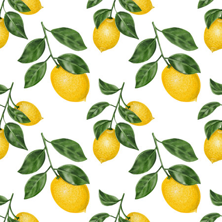 Juicy yellow lemons on branches with leaves. Seamless pattern without background. Citrus fruits and plants. Watercolor illustrationの写真素材
