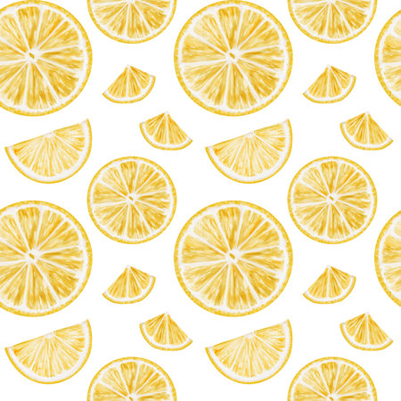 round lemon slices. Juicy citrus fruit cut into pieces. Seamless pattern without background. Watercolor illustration. Yellow and white natural colors. Boltanic imageの写真素材