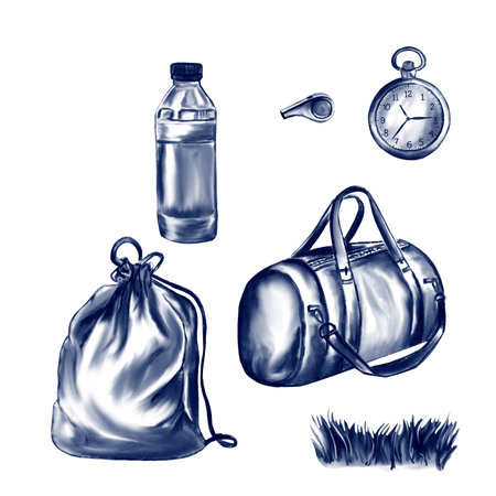 Sporting goods. Bag for uniform, water, stopwatch and whistle. Attributes for sports. watercolor illustration. Monochrome vintage style. No backgroundの写真素材