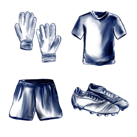 Sports uniform for a football player. Football clothing set. Cleats, shorts and T-shirt in monochrome blue. Goalkeeper gloves. Shoes with spikes. Set of watercolor illustrations without backgroundの写真素材