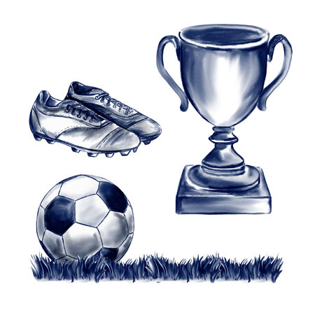 Football attributes. Soccer winner. Set of monochrome sports illustrations. Watercolor pictures. Vintage style. No backgroundの写真素材