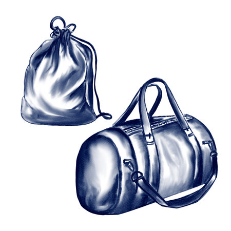 Sports bags. Watercolor illustration in dark blue monochrome. Vintage retro style. No background. Large uniform bag and shoe bag. Sports accessoriesの写真素材