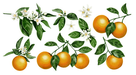 Botanical illustration of an orange tree. Citrus blossoms and fruits. Juicy oranges on branches and orange blossom flowers. Vintage watercolor illustration. Large set of images. No backgroundの写真素材