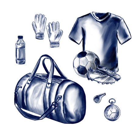 Sports goods for football game. Watercolor illustration in blue monochrome style. No background. Soccer training, basic attributes and accessoriesの写真素材