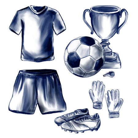 Uniforms and accessories for football and soccer player. Goalkeeper forward. Winners Cup. Set illustration. Watercolor monochrome style. No backgroundの写真素材
