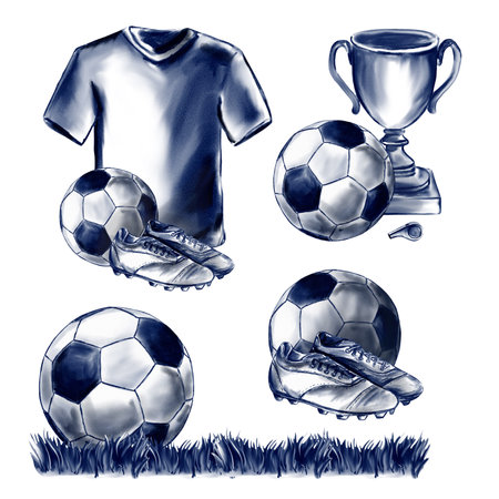 Football and soccer illustrations. Monochrome retro vintage style. Cleats with spikes and player uniformの写真素材