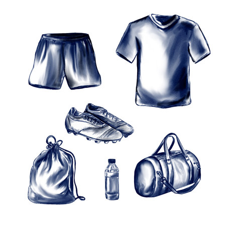 A set of sports football uniforms for the striker and captain of the soccer team. Watercolor illustration in monochrome retro style without background. Training set. Sports bags Boots with spikesの写真素材