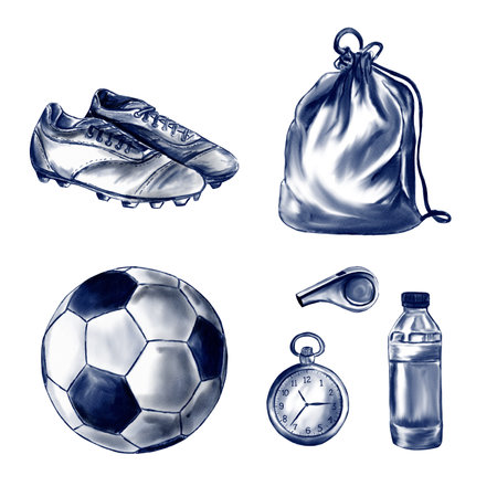 the main attributes of football and soccer. Cleats with spikes, ball for playing, sports bag, water for training, whistle for coach and timer for running. Watercolor illustration in monochrome styleの写真素材
