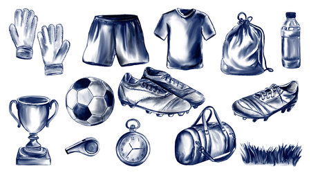 football accessories.A complete set of uniforms for a soccer player. Watercolor illustrations without background. Monochrome retro vintage style.Cleats , gloves for goalkeeper. Strikers form.の写真素材