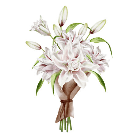 Bouquet of lilies. Vintage retro bouquet of lilies and buds. Delicate white and pink lilies. Craft paper wrapper for bouquet. Tied with a rope. Watercolor illustration without backgroundの写真素材