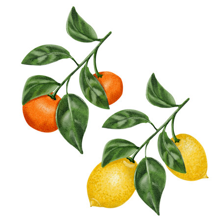 Branches with lemons and oranges. Citrus trees and plants. The fruits are yellow and orange. Watercolor illustration without background. Set with citrus fruitsの写真素材