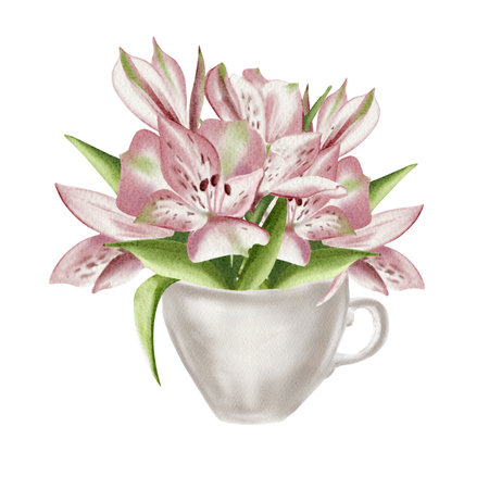 Alstroemeria becket in a cup. A small elegant flower arrangement of small lilies in a mug. Watercolor illustration without background. Vintage style. Pastel color paletteの写真素材