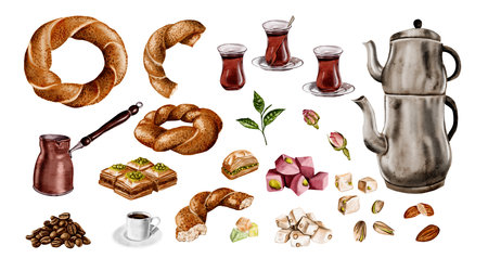 Turkish traditional food. Set of watercolor illustrations without background. Tea in a large teapot, dessert of baklava and Turkish delight. Simit and bagel and traditional black strong coffeeの写真素材